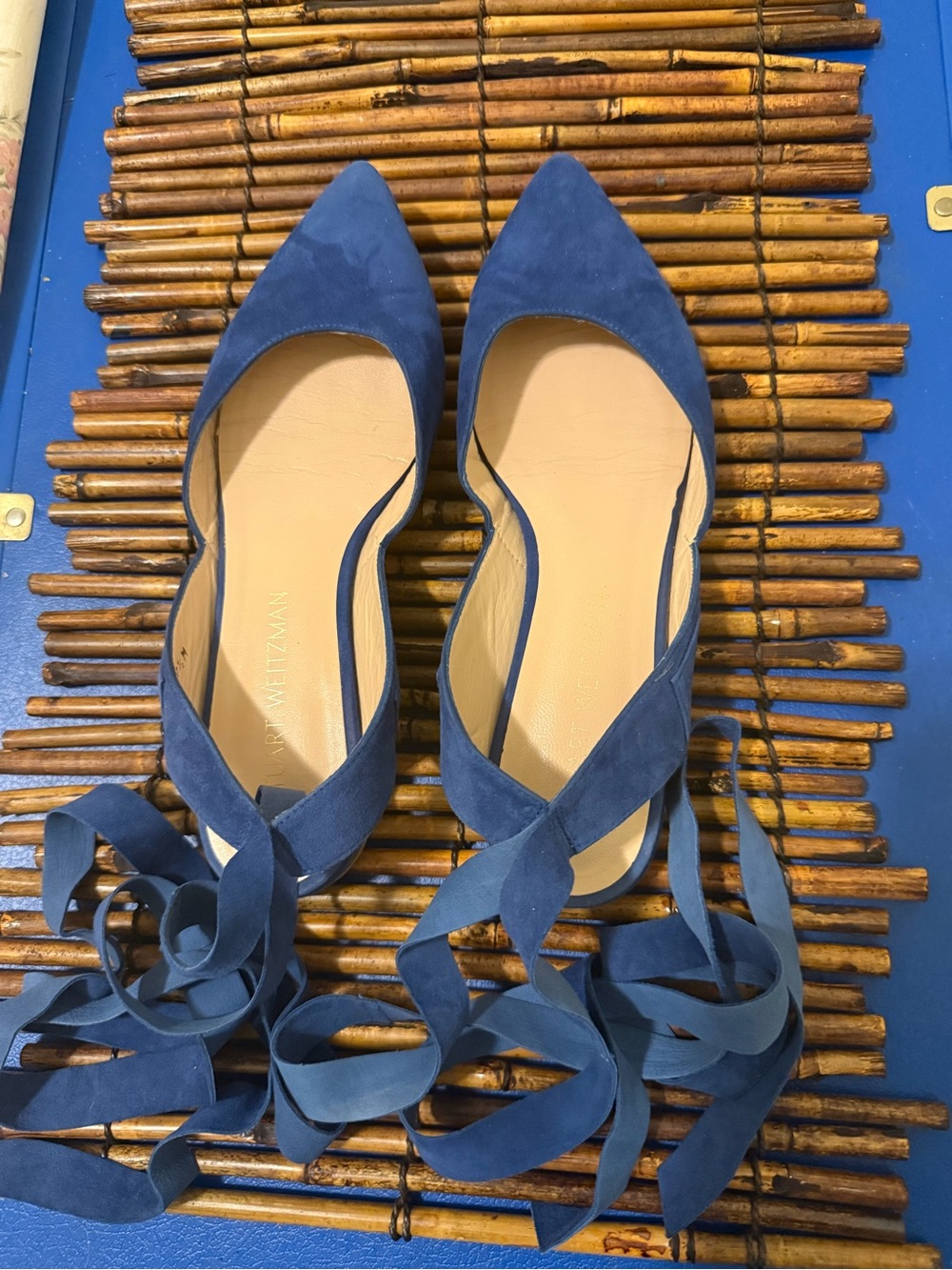 Stuart Weitzman Blue Pointed-Toe Wrap Ballet Flats
